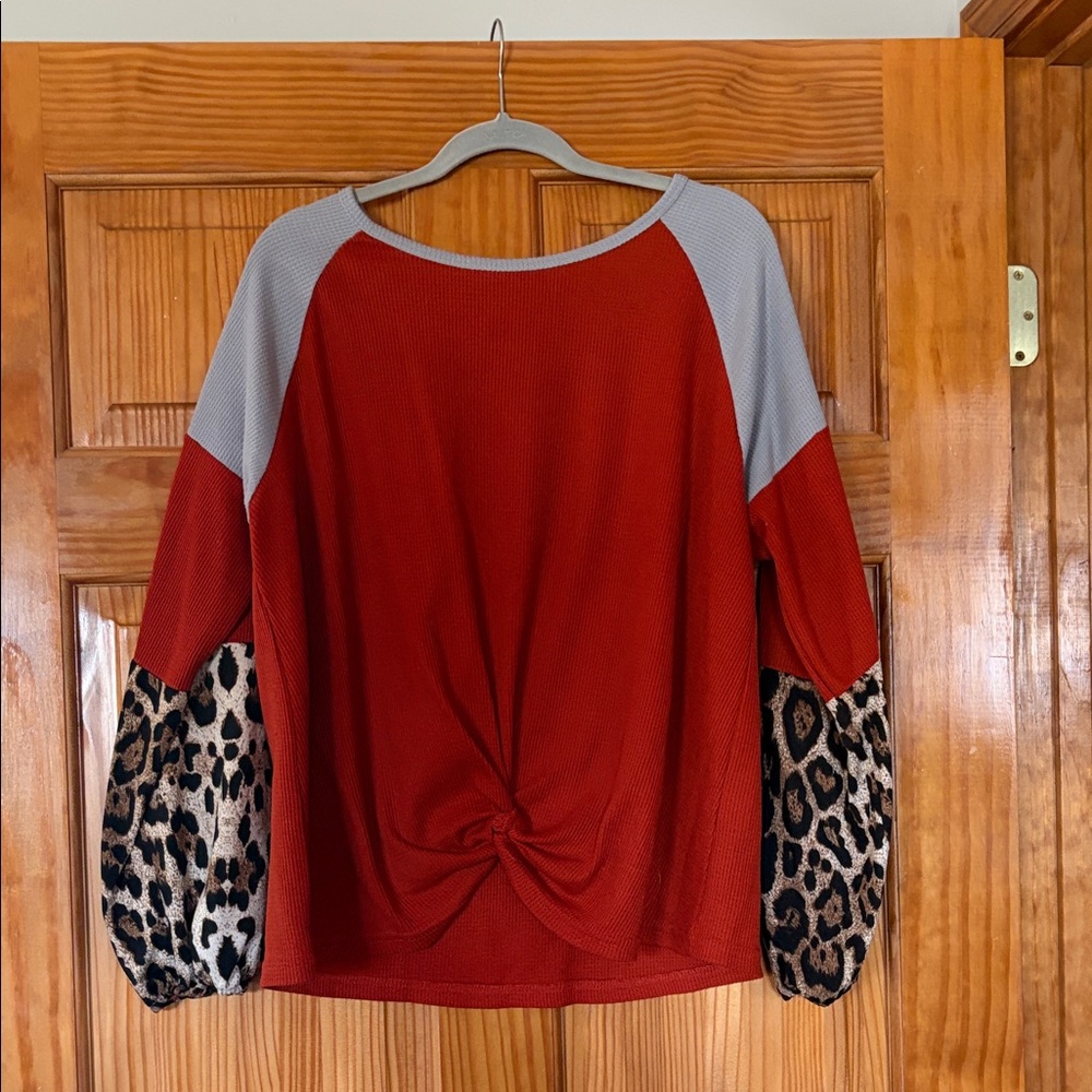 Stylish Red and Gray Women's Top with Leopard Print Sleeves